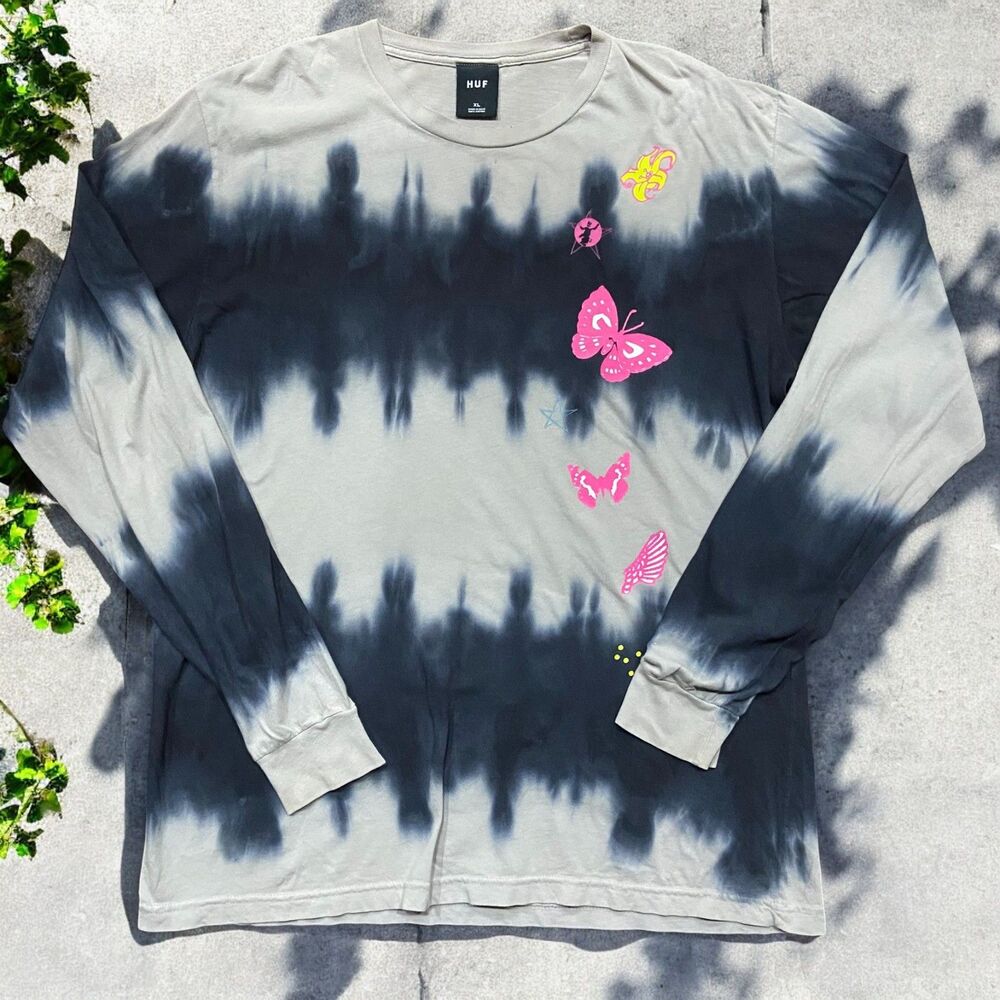 HUF Tie-Dye Long Sleeve Tee in Gray, Black with Pink & Yellow Accents
